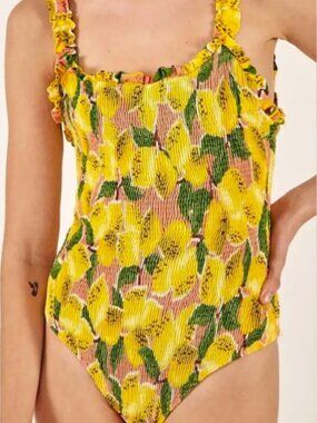 FARM Rio Smocked Lemon Yellow One Piece Swimsuit Size Small